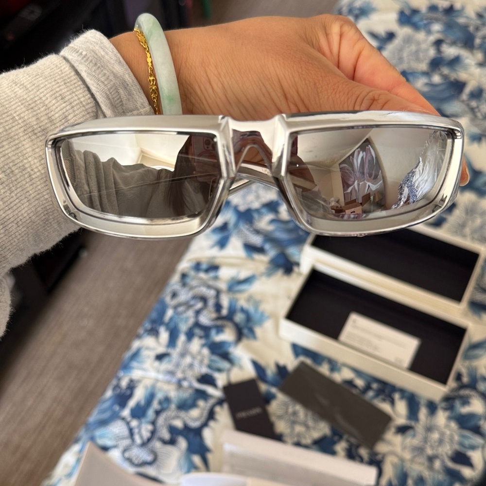Prada Clear Frame Silver Mirror Rectangular Sungl… - image 1